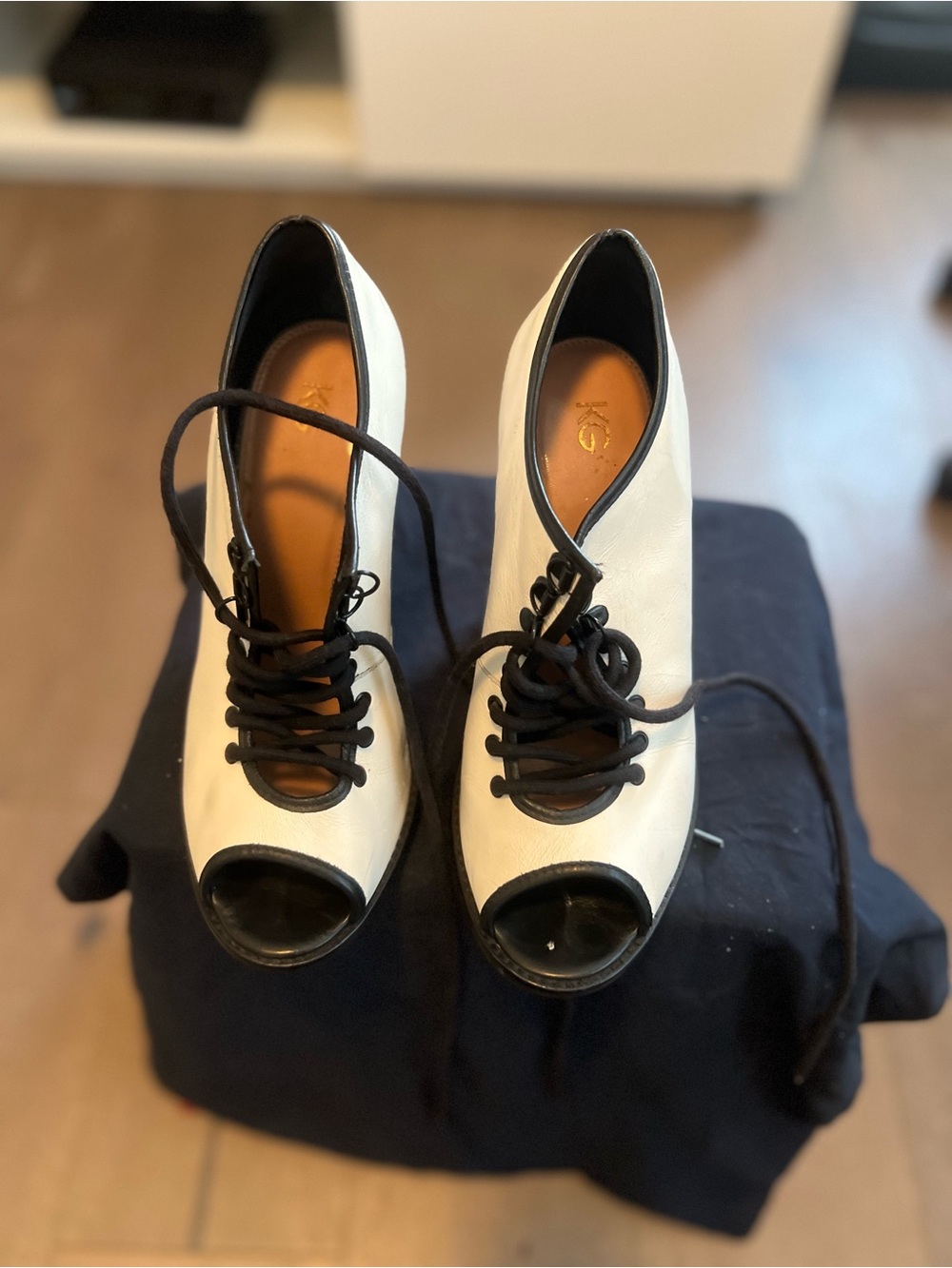 Women’s White and Black Lace-Up Peep-Toe Heels